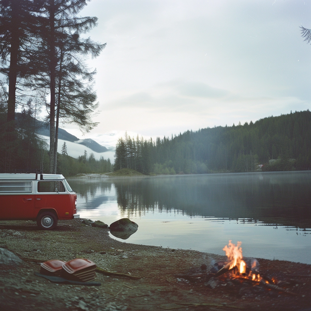 VW Camper in Norwegen am See mit Gebirge